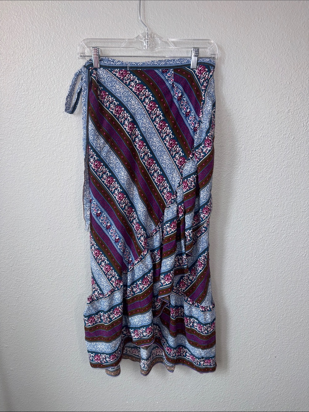 Boho Wrap Maxi Skirt in Blue and Burgundy Floral Stripe